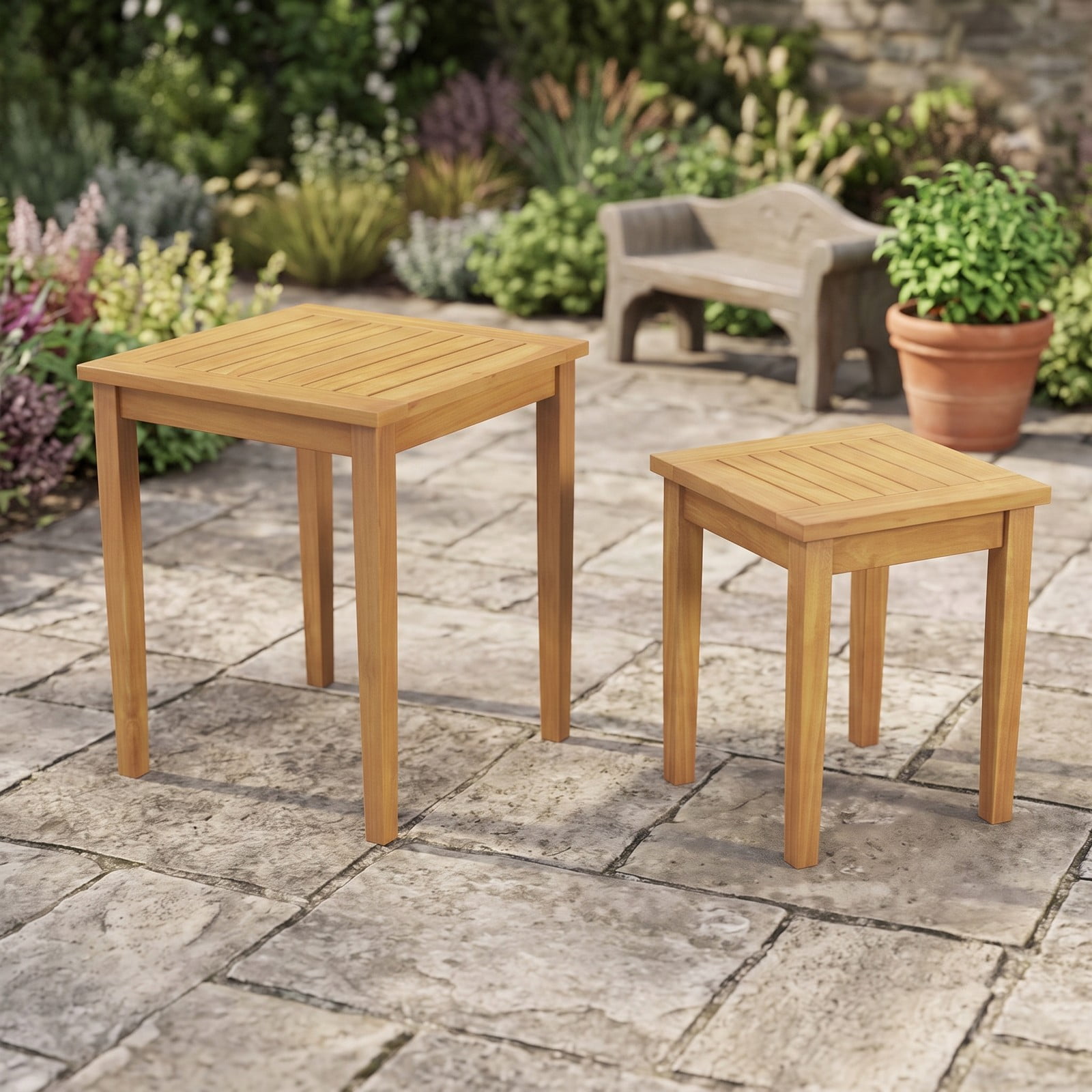 Furnibear Set of 2 Teak Wood Outdoor Patio Nesting Side Tables Space Saving End Tables for Backyard and Poolside, Natural