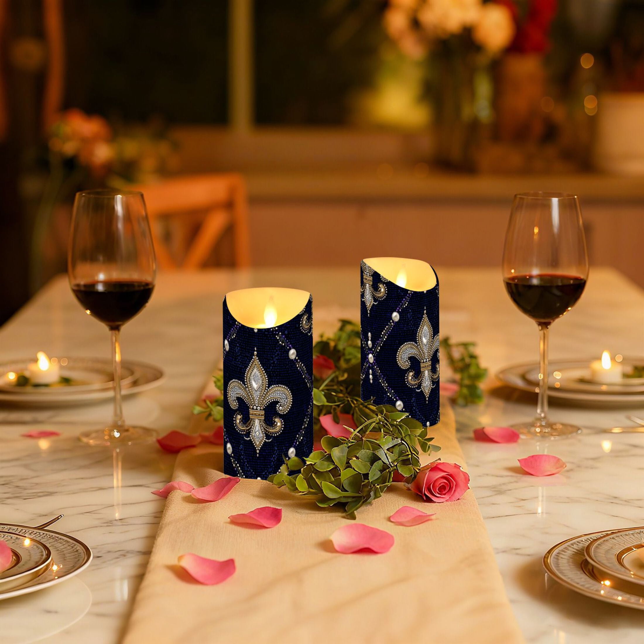 Mardi-gras Flowers with Pearls Flickering Flameless Candles with Remote Timer Battery Operated LED Tealight Set of 2 M