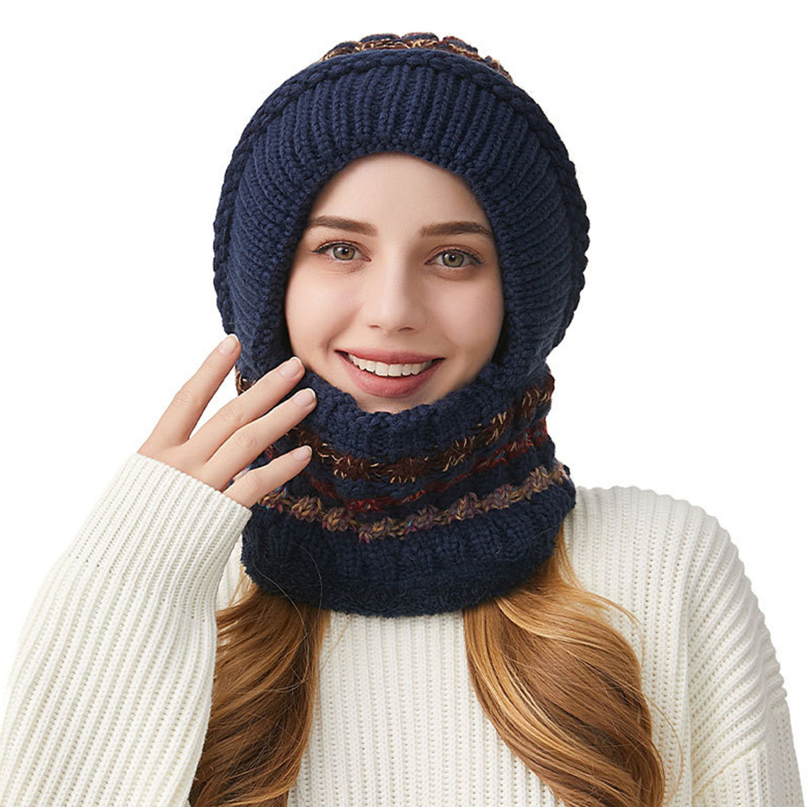 Cadancy Women Winter Hats 3 In 1 Beanie Hat with Scarf and Mask Chunky Knitted Color Block Snow Caps Pompom Cute Warm Stocking Cap Windproof Cozy Cold Weather Balaclava