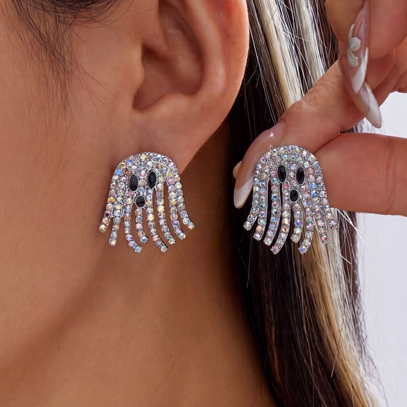 NICKSUN Halloween Ghost Stud Earrings, Sparkly Rhinestone Spooky‑Cute Ghost Earrings, Statement Holiday Costume Jewelry for Halloween Party Themed Events