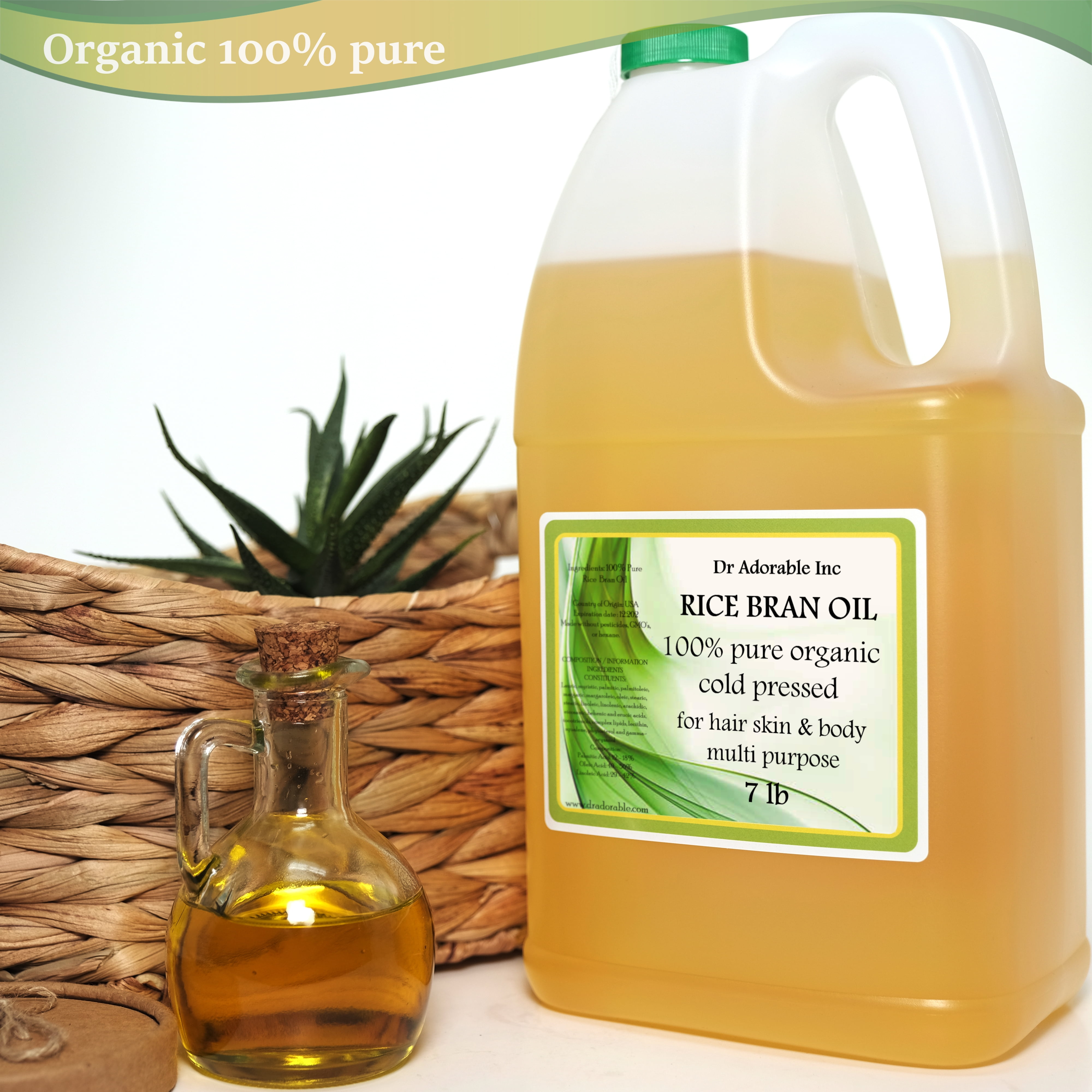 Dr Adorable - 7 lb - Rice Bran Oil - 100% Pure Organic Cold Pressed Moisturizing Oil For Face Skin Hair