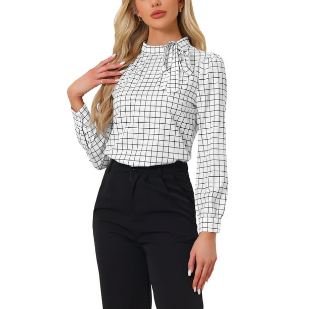 BLUSAS DE TRABAJO PARA MUJER INSPIRE CHIC Cuello de Lazo de Cuadros Manga Larga S Blanca Negra