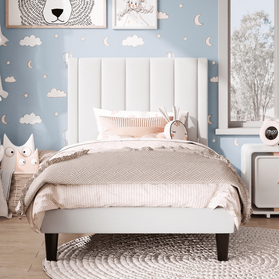 Amolife Twin Bed Frame, Upholstered Bed Frame with Velvet Vertical Channel Tufted Headboard, White