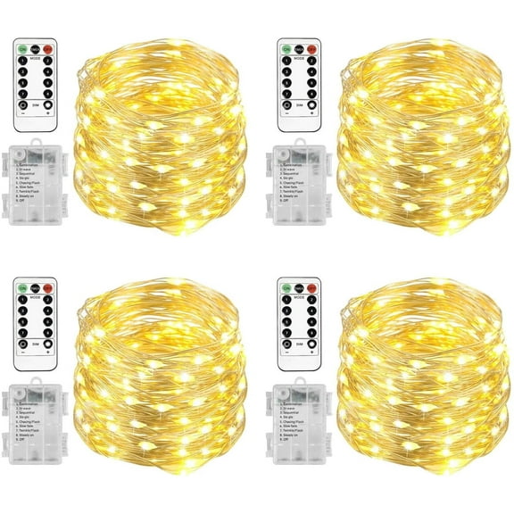33 Feet 100 Led Fairy Lights Battery Operated with Remote Control Timer Waterproof Silver Wire Twinkle String Lights for Bedroom Indoor Outdoor Wedding Dorm Deco Warm White 4Pack