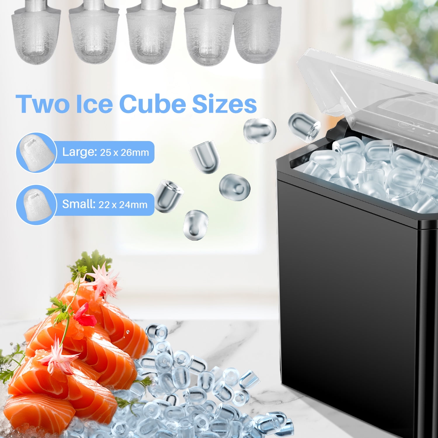 Simenmax Ice Maker, Portable Countertop Icemaker Machine, Self Cleaning Quiet 2 Sizes Bullet Cubes Makers, 9 Cubes in 6 Mins,Black