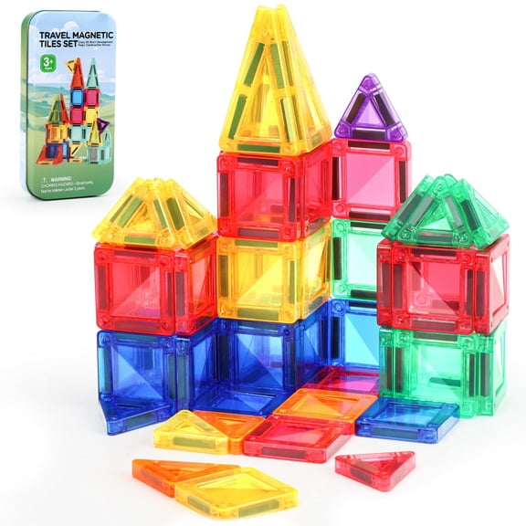FunMagic Mini Magnetic Tiles, 32PCS Travel Magnetic Blocks with Case, STEM Educational Building Set Construction Toys for Kids Ages 3 , Portable Building Toys for Boys & Girls