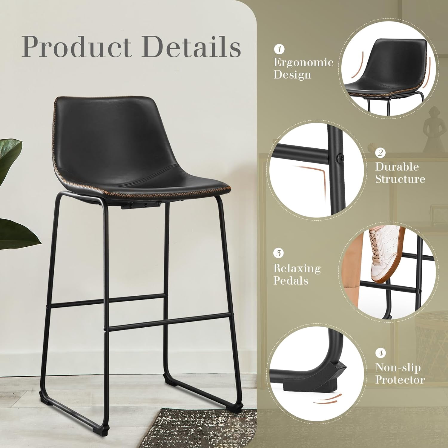 MAYEERTY 30 Inch Barstools High PU Leather Counter Bar Stool with Back and Footrest Set of 2, Black