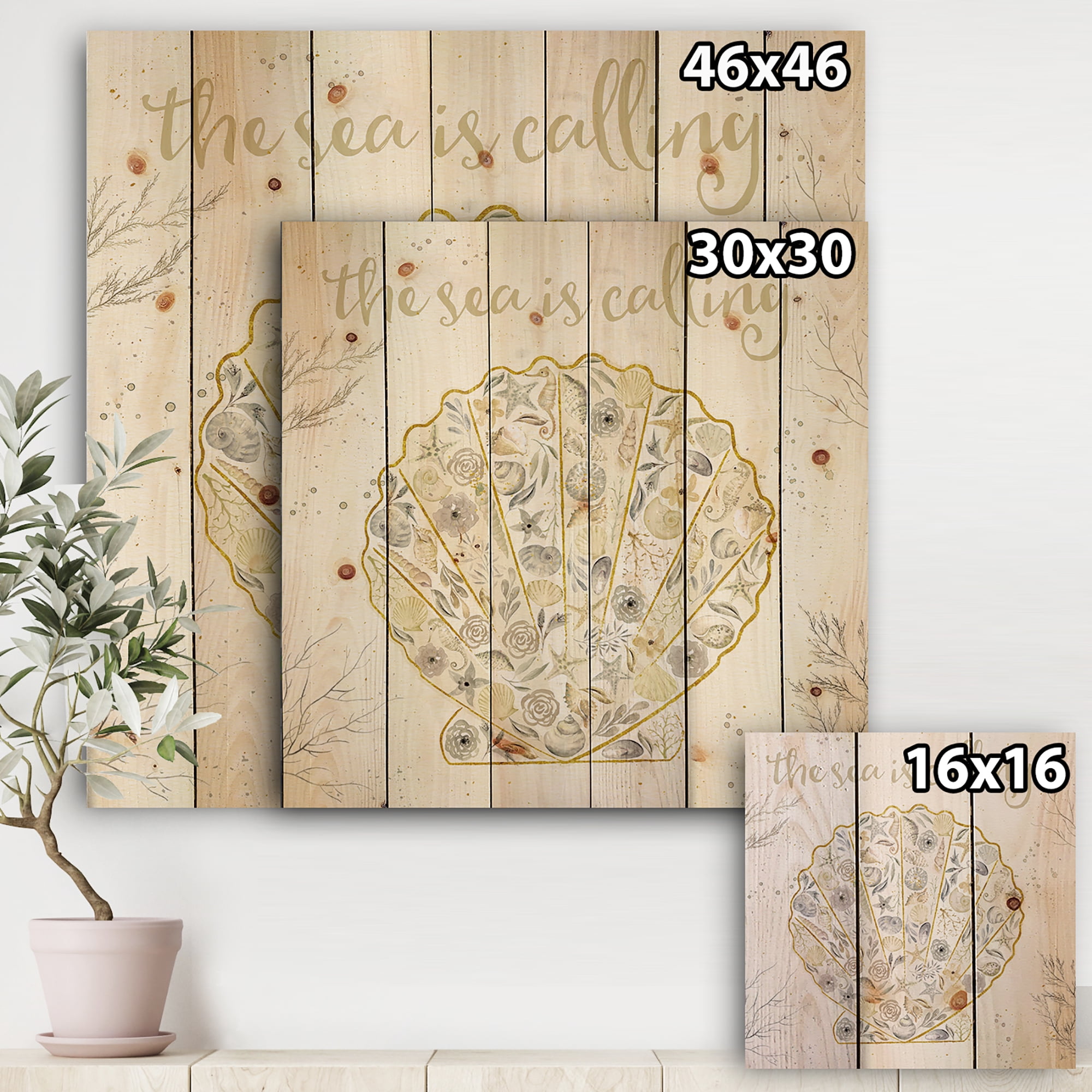 Designart 'Coastal Floral Blossoms I Neutral' Nautical & Coastal Print on Natural Pine Wood