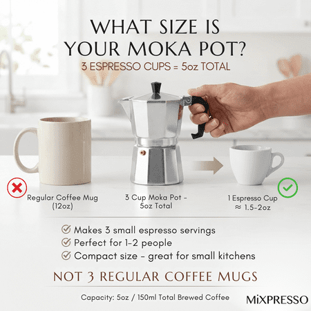 Mixpresso 3 Cup Moka Pot Coffee Maker for Gas, Electric Stove Top, Classic Italian Espresso Maker, Stovetop for Camping, Makes 5 Oz Cuban Coffee