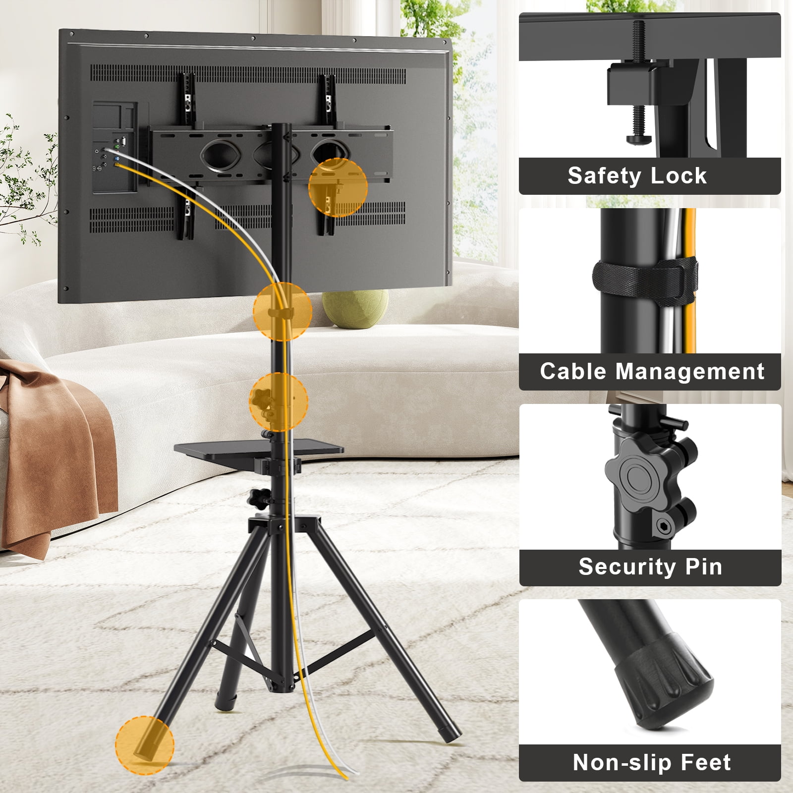 RTVR TV Tripod Stand with Mount for 23-75" TVs up to 100lbs, Height Adjustable Tilt Rotating Shelf & Non-Slip Base for Home, Max VESA 600x400mm, Black