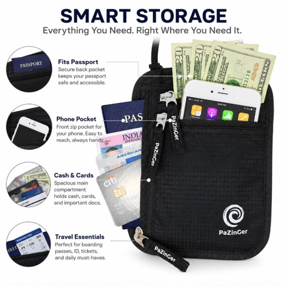 1-Pack Secure RFID Blocking Neck Wallet & Passport Holder – Ultimate Travel Pouch for Safe Traveling PAZINGER