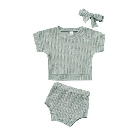

Bullpiano 3Pcs Baby Short Sleeve Solid Tee Tops+Shorts+Headband Set Newborn Summer Clothes Suit Toddler Outfits 0-24 Months