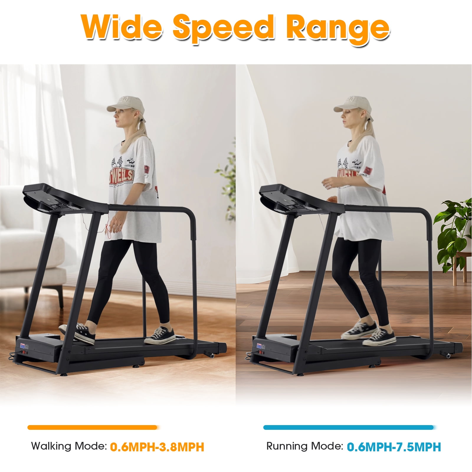 Syedee Walking Treadmill with Long Handrail, Recovery Walking Machine with Heart Monitor & Safety Locker, Foldable Jogging Machine with LCD Display Screen