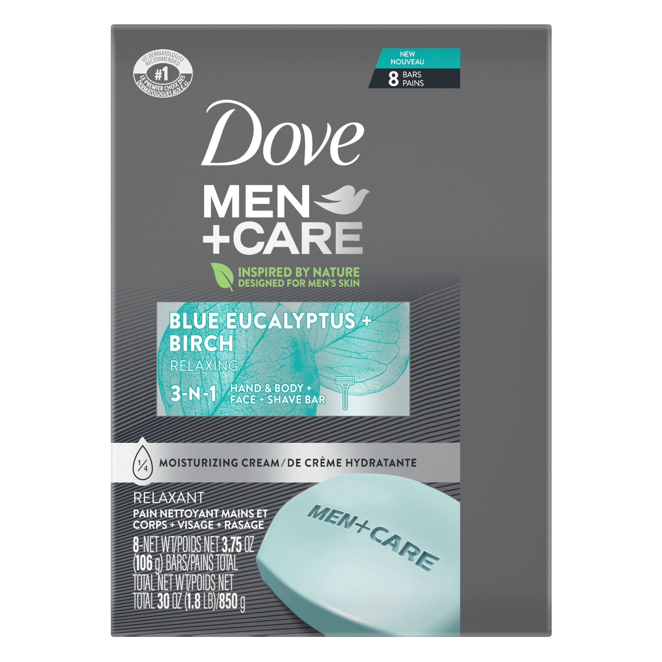 Dove Men+Care Bar 3 In 1 Cleanser For Body, Face, And Shaving For Fresh, Healthy-Feeling Skin Blue Eucalyptus Body And Facial Cleanser More Moisturizing Than Bar Soap ,3.75 oz 8 Bars