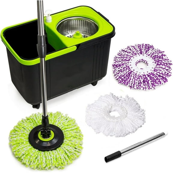 Simpli-Magic Spin Mop Cleaning Kit with 3 Multi-Color Spin Mop Head Refills, Black/Green
