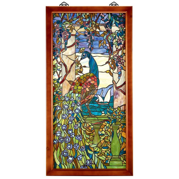 Design Toscano Peacock With Wisteria WoodFramed Stained Glass Window