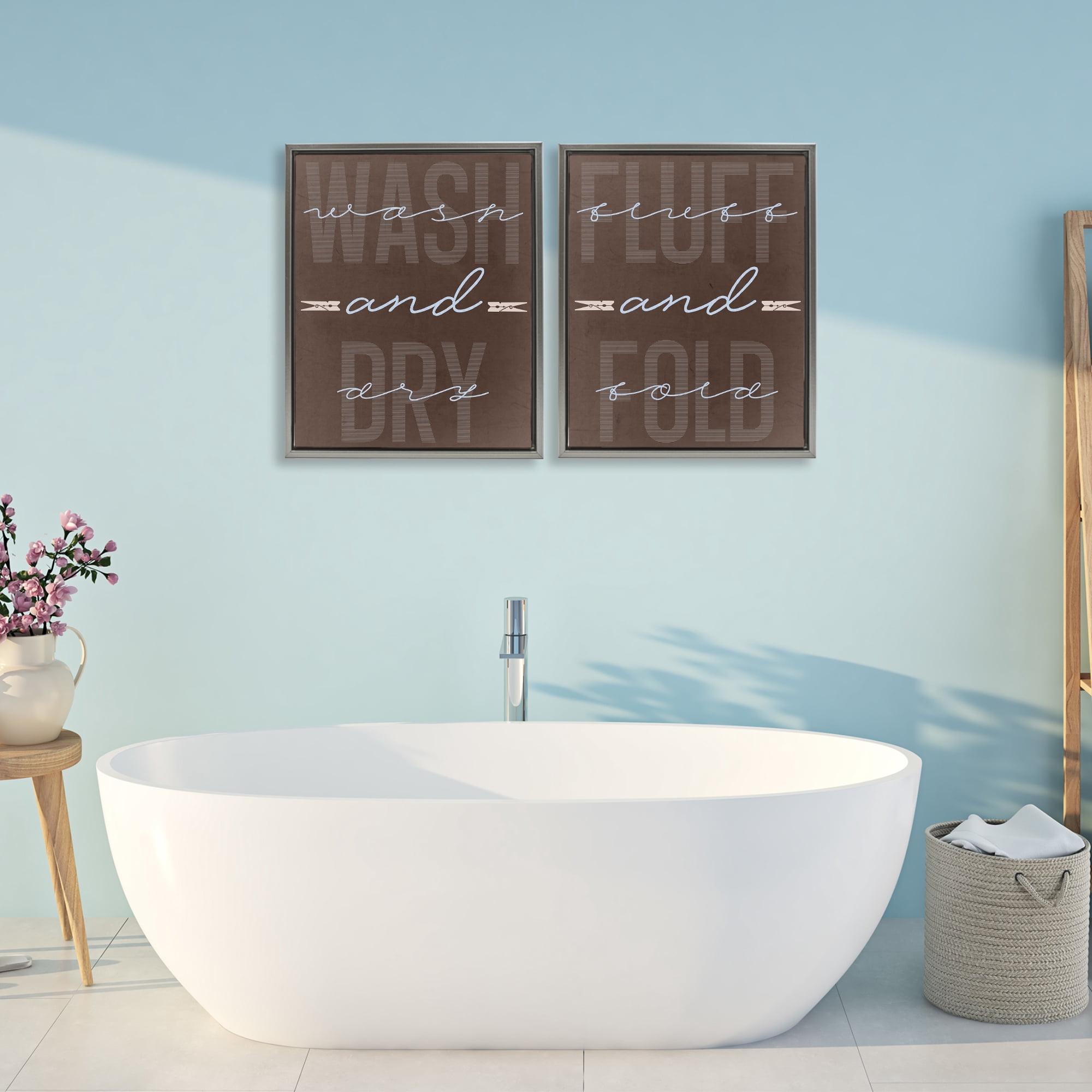 Laundry Words in Brown 2 Piece Gray Framed Floater Canvas Set, design by Marcus Prime