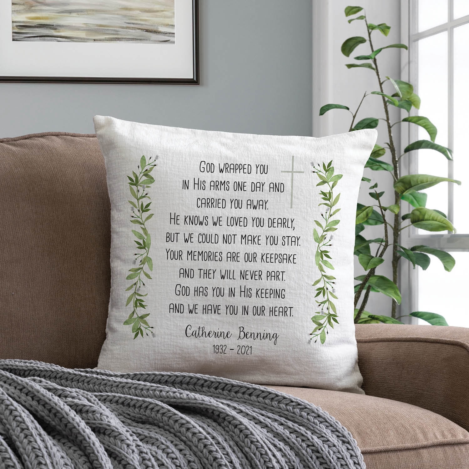 Personalized Planet God Wrapped You in His Arms Memorial Throw Pillow with Custom Name and Years Printed | Square Removable Cover | Spiritual Decorative Accent | 17" x 17"