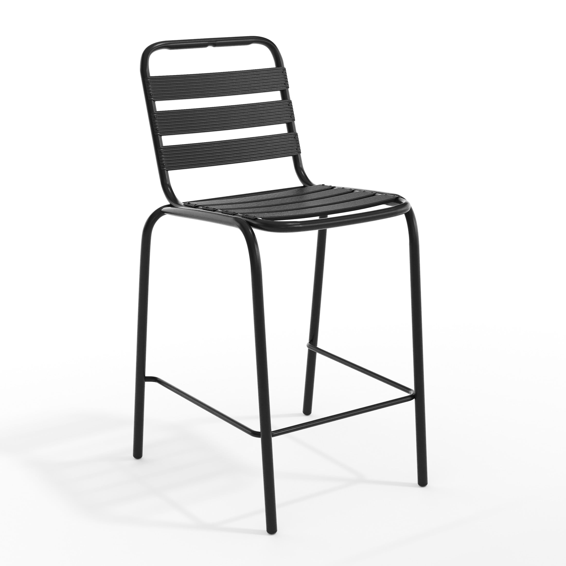 Emma + Oliver Black Metal Bar Height Stool with Triple Slatted Back for Indoor and Outdoor Use