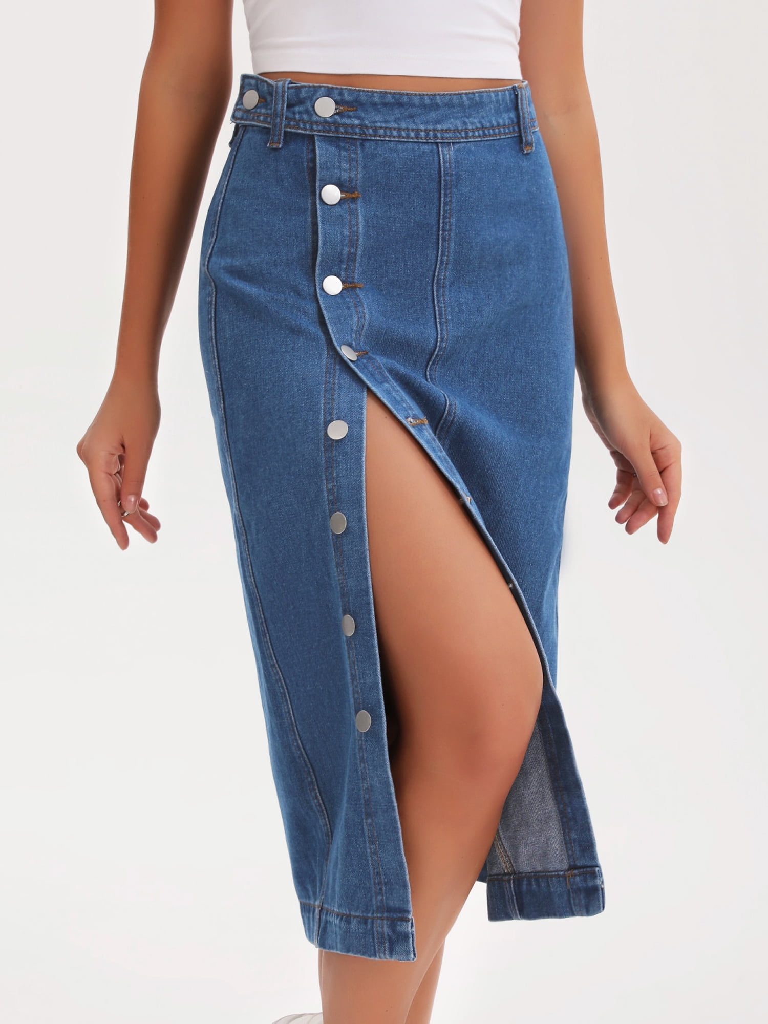 DARING DIVA Women's Denim Midi Skirt Button Up Slit Jean Skirts XX-Large Blue