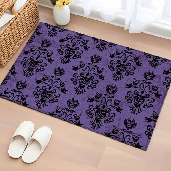 2x3 Ft Entryway Area Rug, Halloween Kitchen Rug Runner Washable Floor Mat, Purple Black Haunted-House Fall Seasonal Non Slip Indoor Door Mat Throw Carpet for Bathroom Living Room Bedroom