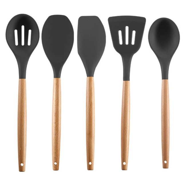 HUASHENG Silicone Cooking Utensils Set 5 Piece Black Kitchen Utensils Set With Wooden Handle For Cooking Silicone Kitchen Nonstick Tools Spatula Turner Slotted Spoons & Heat Res