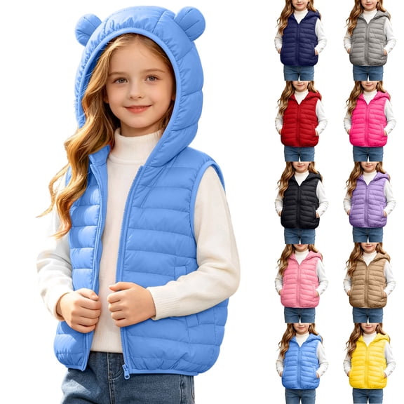 Girls Boys Hoodies Coats for Winter Fall Solid Sleeveless Warm Jacket Outwear With Pockets Zipper Bear Ears Hooded Waistcoat For Outside