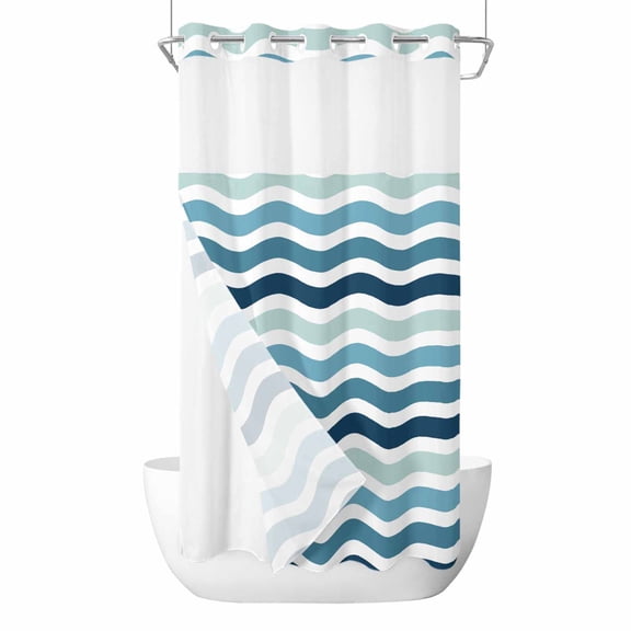 Teal Blue Stripes Ombre No Hook Shower Curtain Waterproof,Bathroom Curtains with Snap in Liners and See Through Top Window,Gradient White Geometric Ocean Wave Hotel Bathtub Curtains Shower 54"Wx78"L