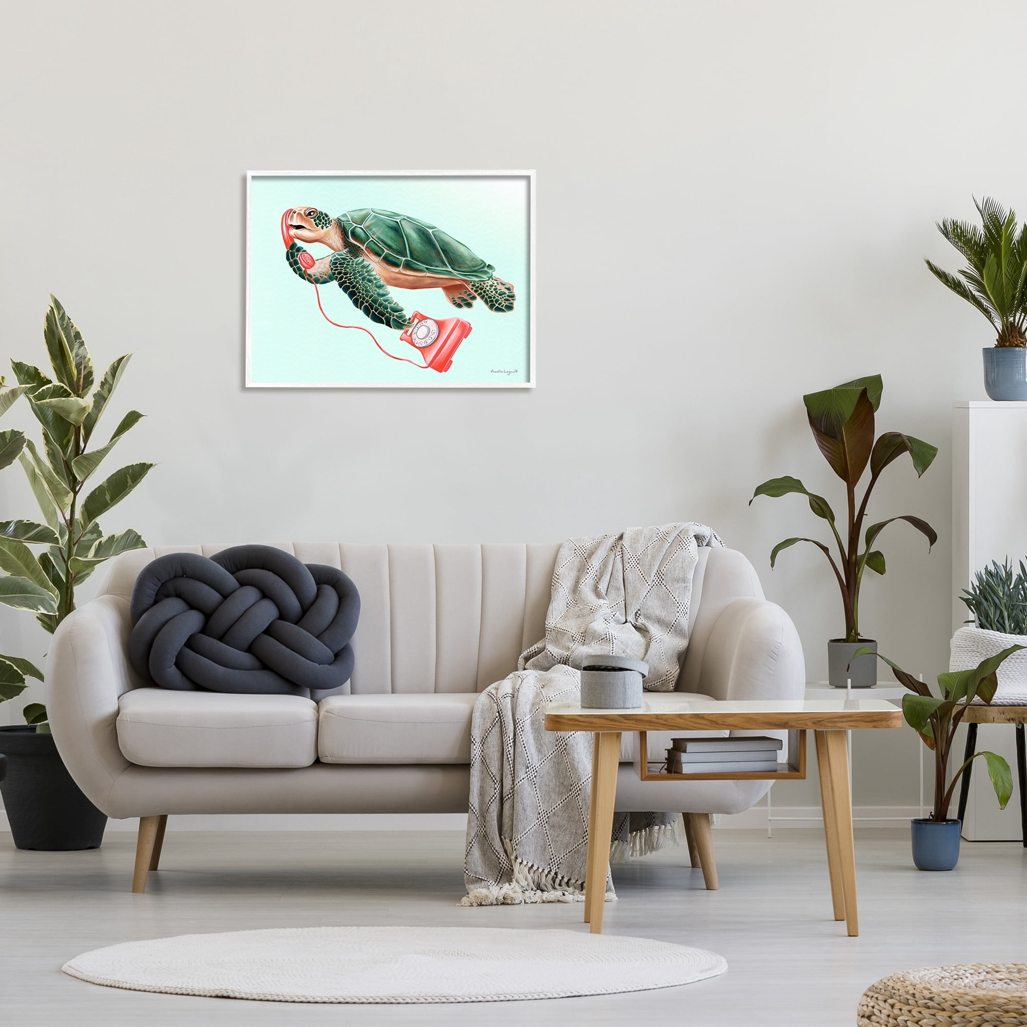 Stupell Industries Green Sea Turtle Swimming Red Rotary Telephone Graphic Art White Framed Art Print Wall Art, Design by Amelie Legault