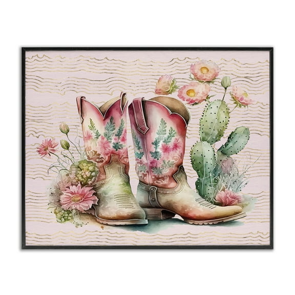 Stupell Industries Country Boots with Cacti Plants & Flowers Painting Black Framed Art Print Wall Art, 14 x 11