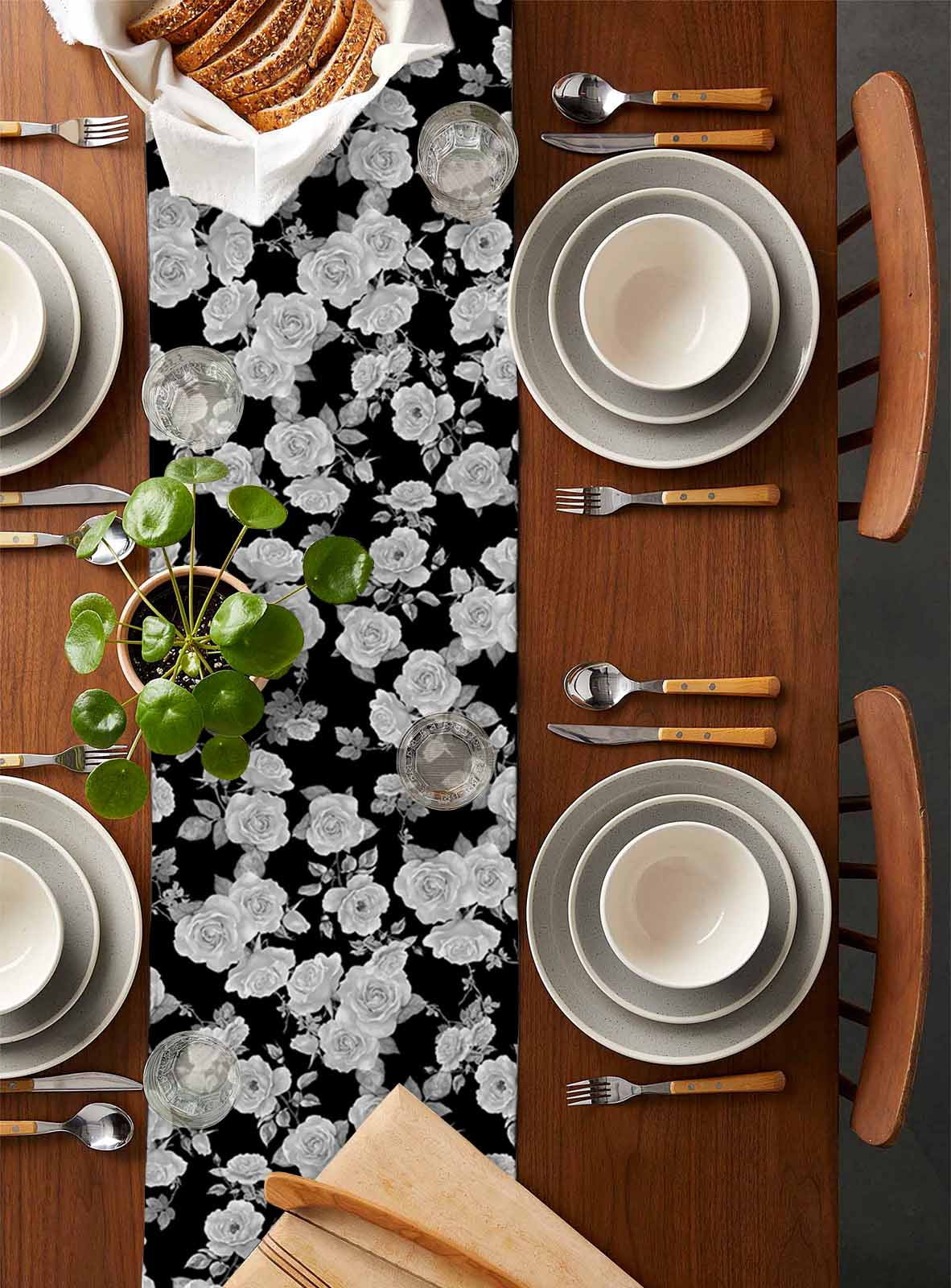 Black Floral Table Runner Cotton Linen 120 Inch Holiday Dresser Scarves, Farmhouse Garden Flowers Botanical Tablerunner for Kitchen Coffee Dining Bedroom Living Room Dinner Scarf Décor 13''x120''