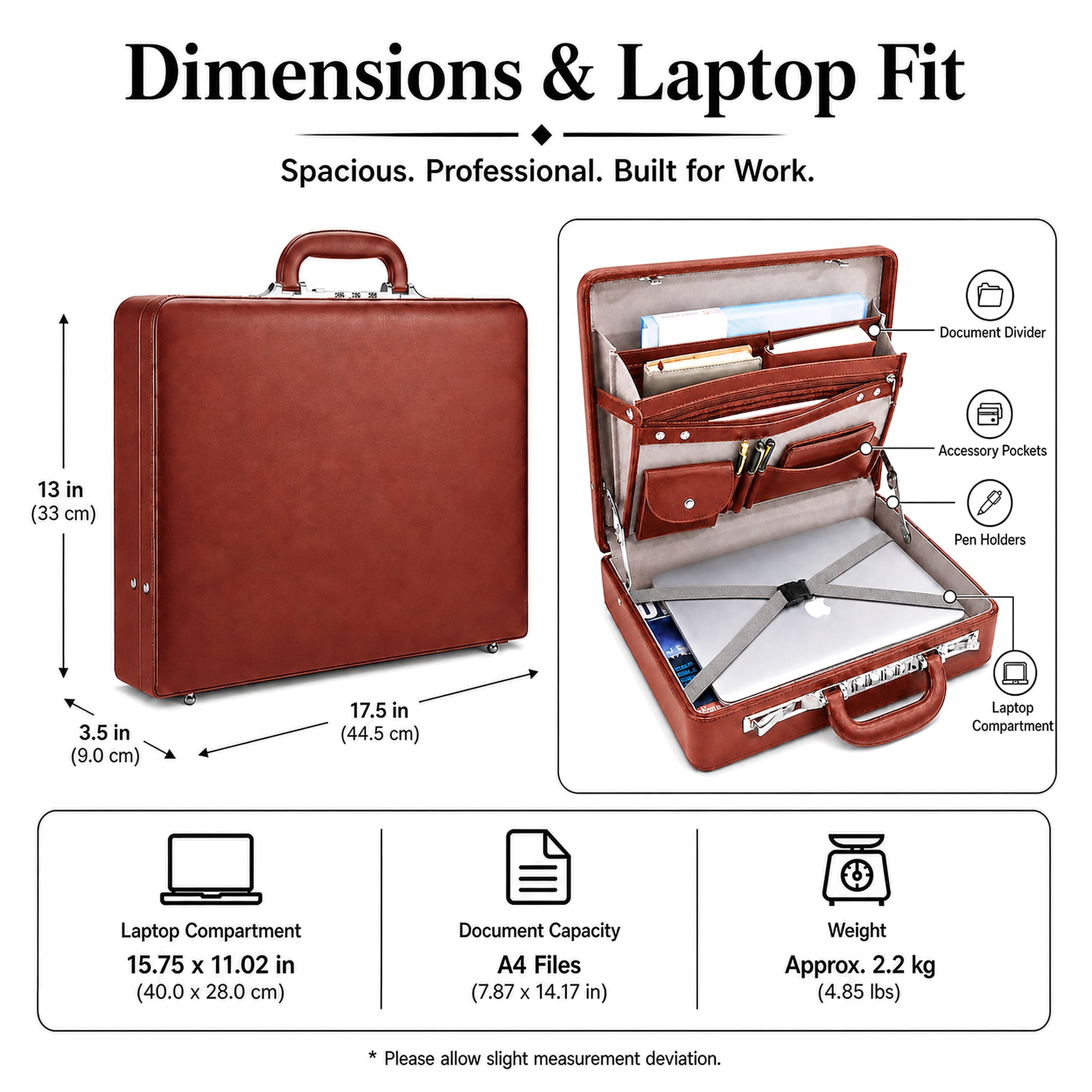HAESTUS Briefcases for Men, Professional Leather Briefcase with Lock, Hard Shell Business Brief Case, Attache Case for 15.6" Laptop, Mens Hard Briefcase for Work Office Travel, Brown | Center Lock