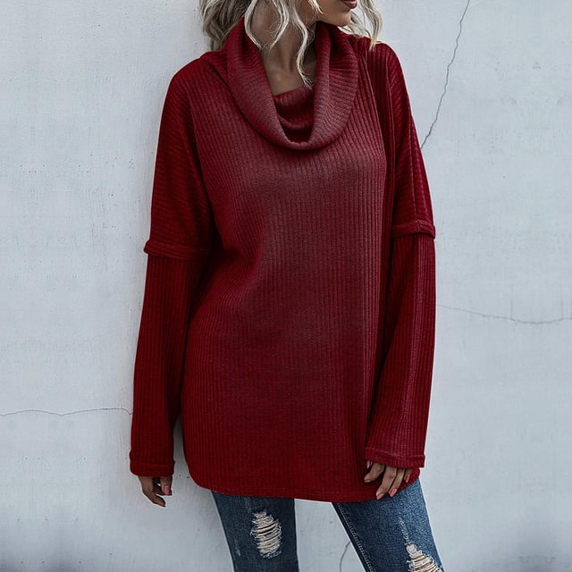 Babysbule Chandails pour Femmes Grande Taille Nouveautés Col Roulé pour Femmes Chandail Uni Manches Longues Patchwork Fente Chandail Tricoté Liquidation Mode pour Femmes
