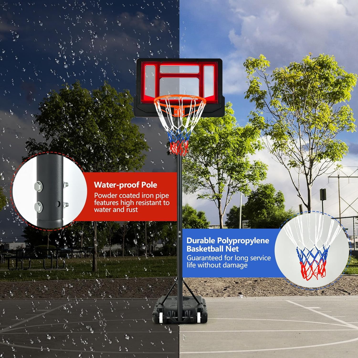Happyyeah Portable Basketball Hoop, Basketball Goal w/4.3 FT-8.2 FT Adjustable Height, Ball Storage, Indoor Outdoor Weather-Resistance Basketball Hoop System for Outside Backyard, Driveway