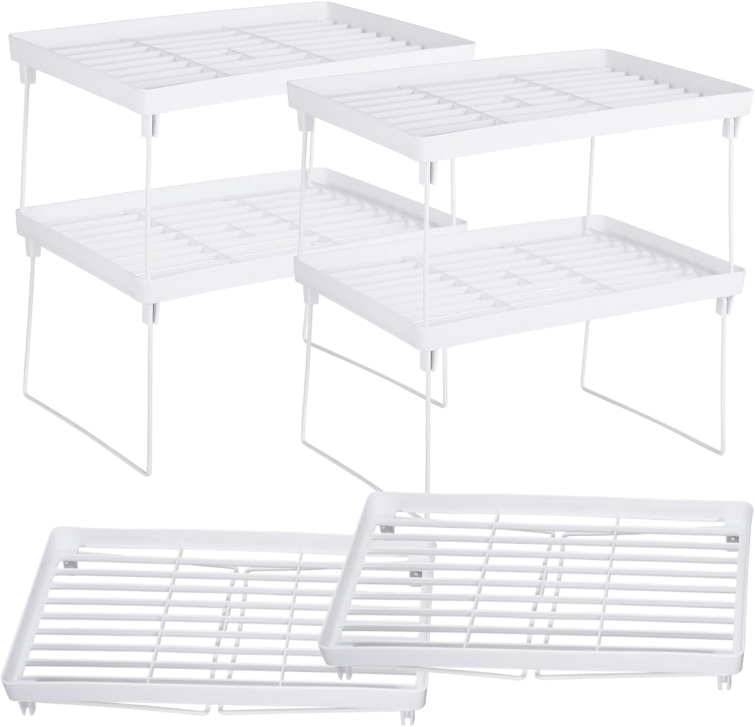 6 PCS Cabinet Storage Shelf Rack, Foldable Cabinet Organizer Shelf, White Stackable Plastic Kitchen Storage shelves Foldable Rack for Kitchen, Fridge, Bathroom
