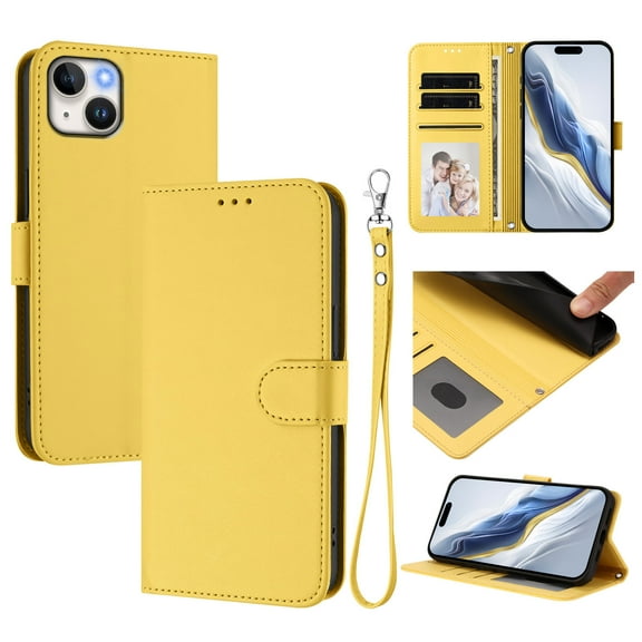 Allytechgroup for iPhone 14 Flip Case, Slim Fit Shockproof Cover with Credit Card Slot, RFID Blocking Card Pocket Lanyard Shock-Absorbent Protective Bumper for Women Girls, Yellow