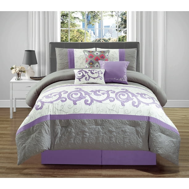 Wpm 7 Pieces Complete Bedding Ensemble, Purple And Grey King Size Bedding