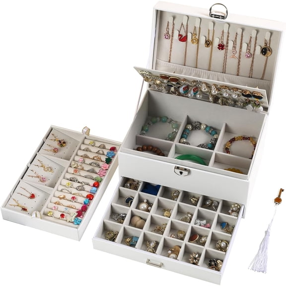 Earring Jewelry Box For Women Girl Stud Organizer, 5 Layers Girl Jewelry Organizer Box With Lock Earring Holder Organizer Necklace Ring Jewelry Organizer Box For Girls (White, 5 layer)