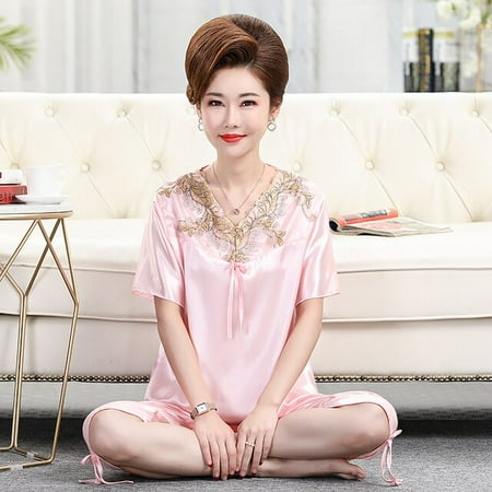 

QWZNDZGR Summer Big M-4XL Elegant Women CAPRIS Sleepwear Faux Silk Pajama Sets Ladies Pyjamas Loungewear Pijama Mujer Homewear Nightwear