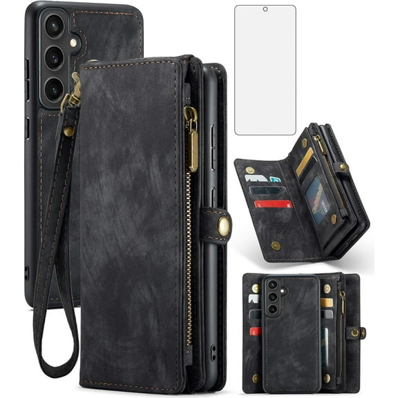 Asuwish Compatible with Samsung Galaxy S23 FE 5G Phone Case Zipper Wallet Detachable Tempered Glass Screen Protector Crossbody Strap Flip Card Holder Slot Cell Cover for S 23 EF S23FE 23S Women Black