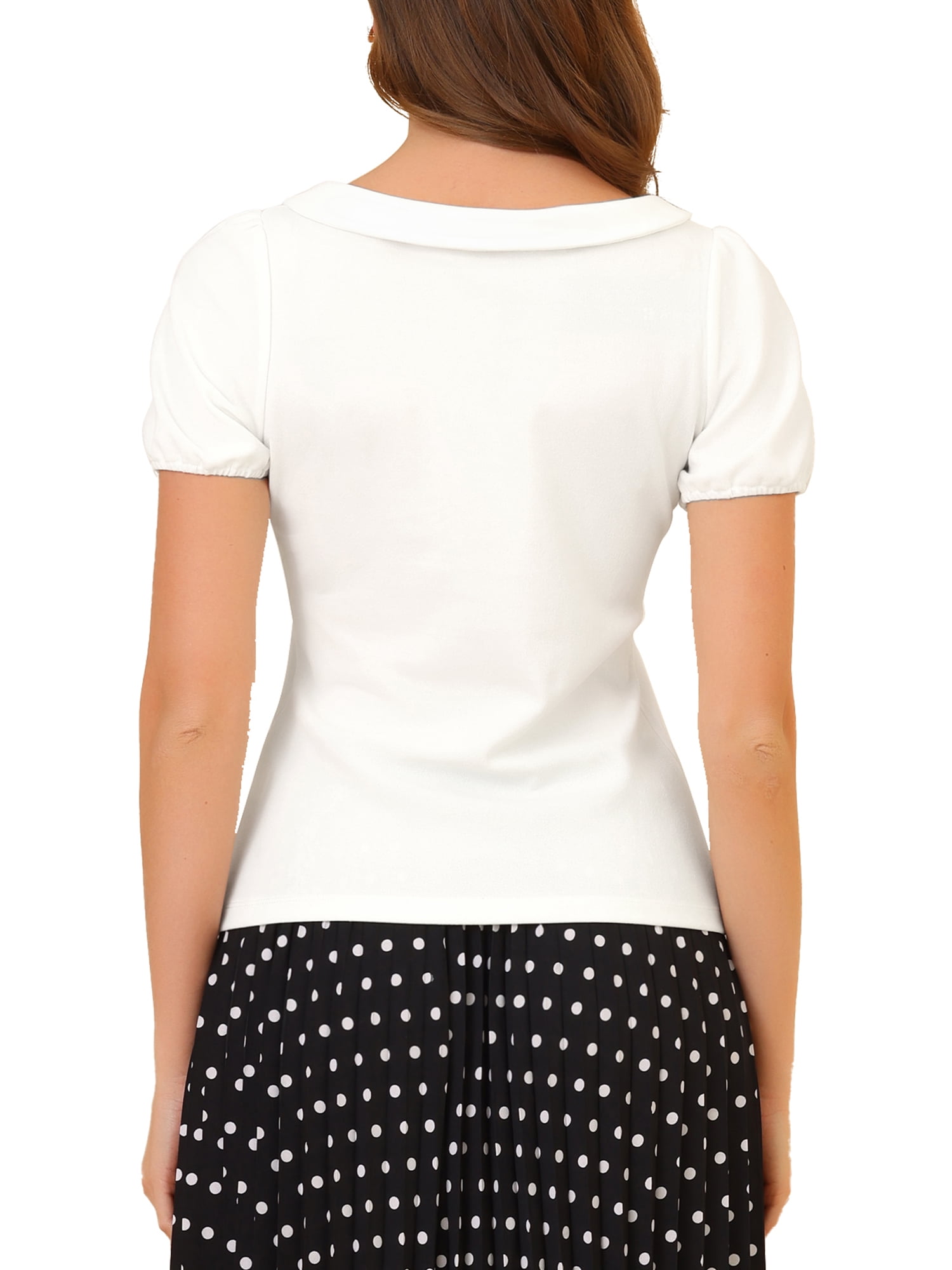 Unique Bargains Women's Flat Collar Short Sleeves Elastic Cuff Bow Decor Blouse White XL