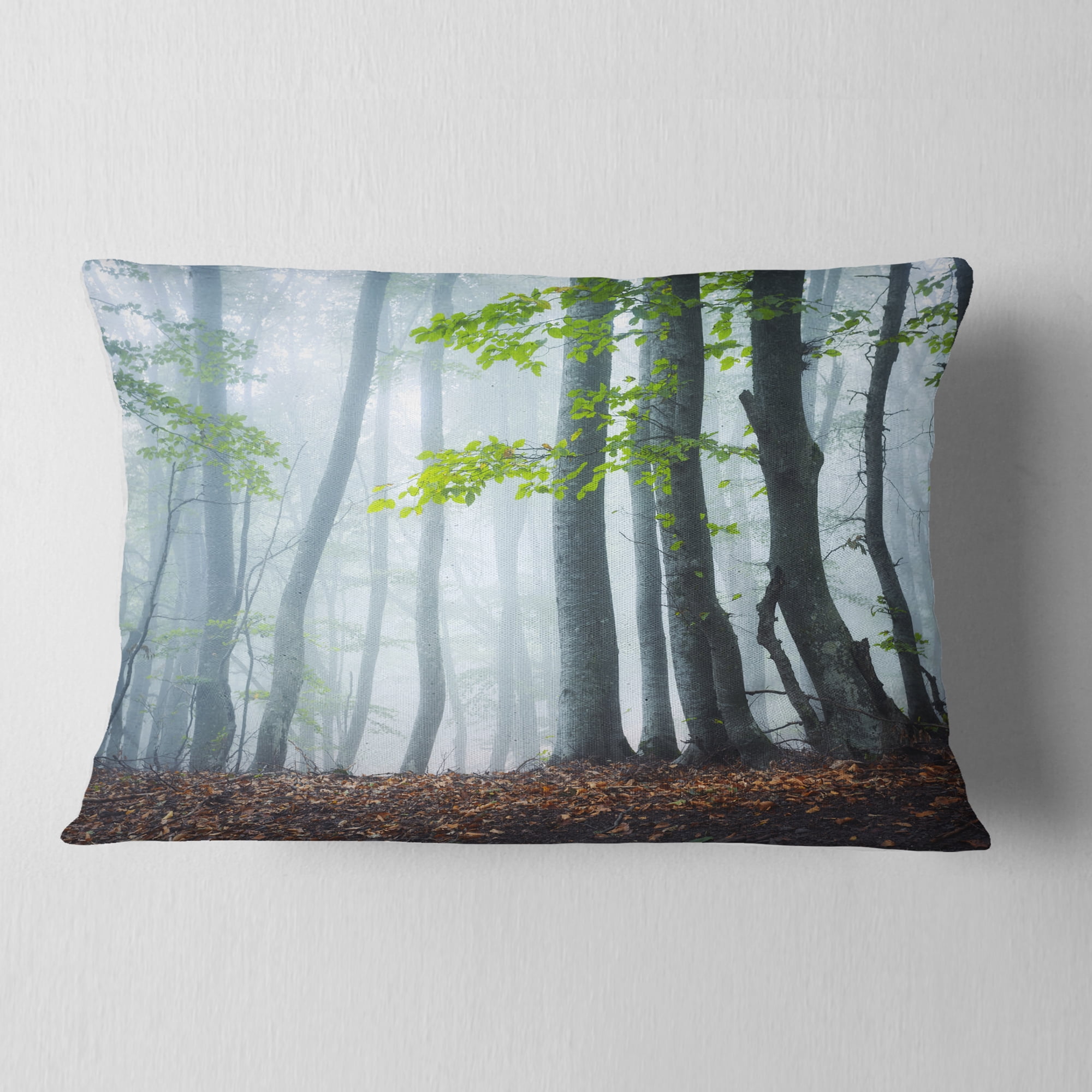 Designart Green Leaves in Old Forest - Landscape Photography Throw Pillow - 12x20