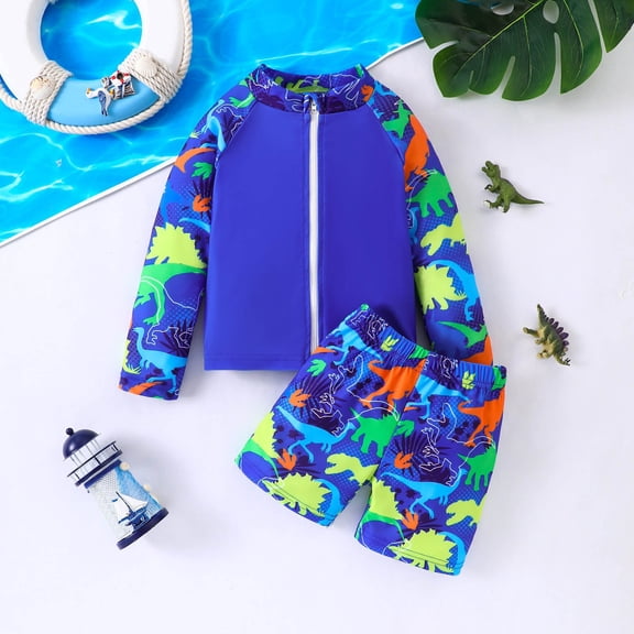 Toddler Swimsuit Boy Kids Boys Long Sleeve Zip Up Dinosaur Football Print Two Piece Rash Guard Set Baby Boy Bathing Suit Dark Blue 1-2 Years