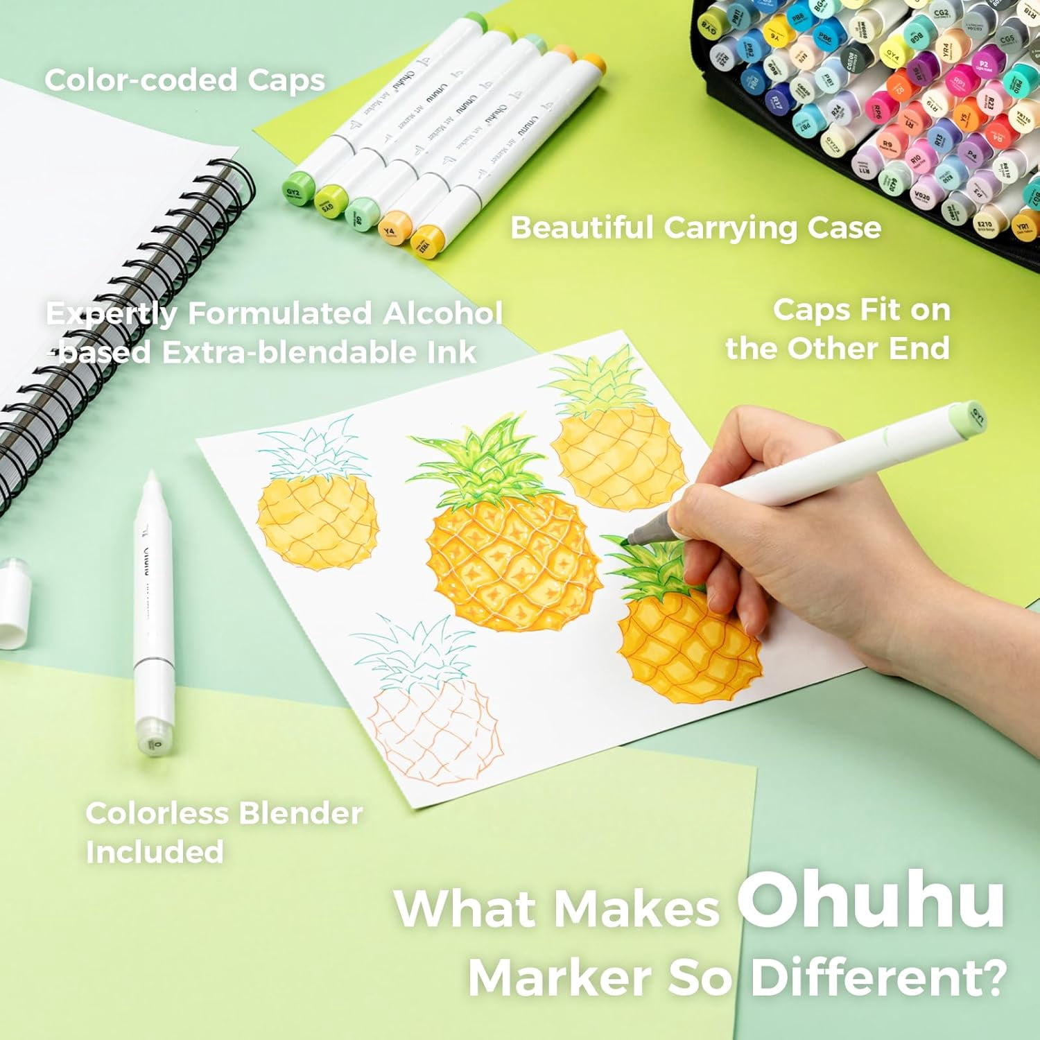 Ohuhu Alcohol Markers Brush Tip: 168-Color Double Tipped Art Marker Set for Artist Adults Coloring Illustrations -Honolulu B -Brush & Fine -Refillable