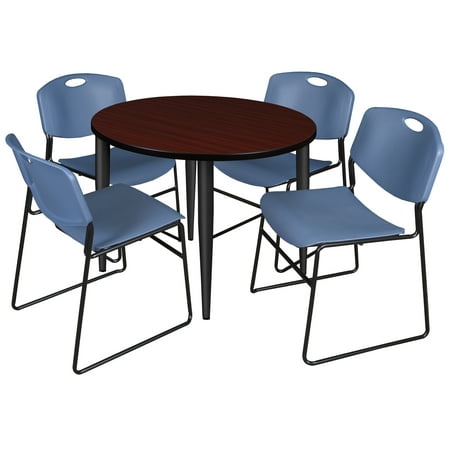 

Regency Kahlo 42 in. Round Breakroom Table- Mahogany Top Black Base & 4 Zeng Stack Chairs- Blue