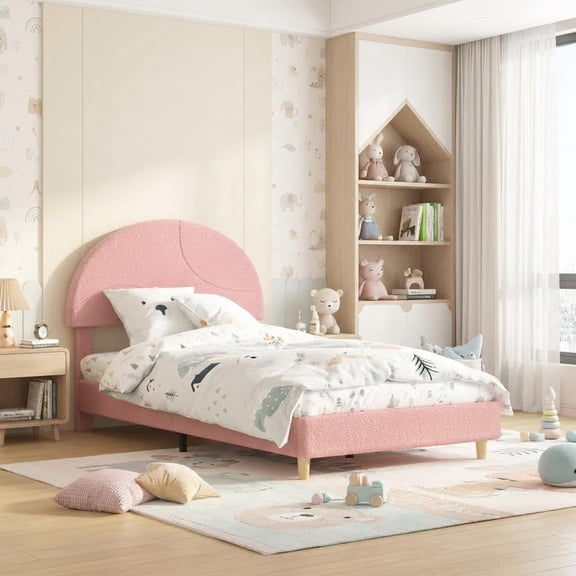 Kids Twin Bed Frame with Soft Pink Arch Boucle Headboard, Modern Upholstered Platform Bed, No Box Spring Needed, Sturdy Wood Slats Support & Easy Assembly, 300lb Capacity,Pink