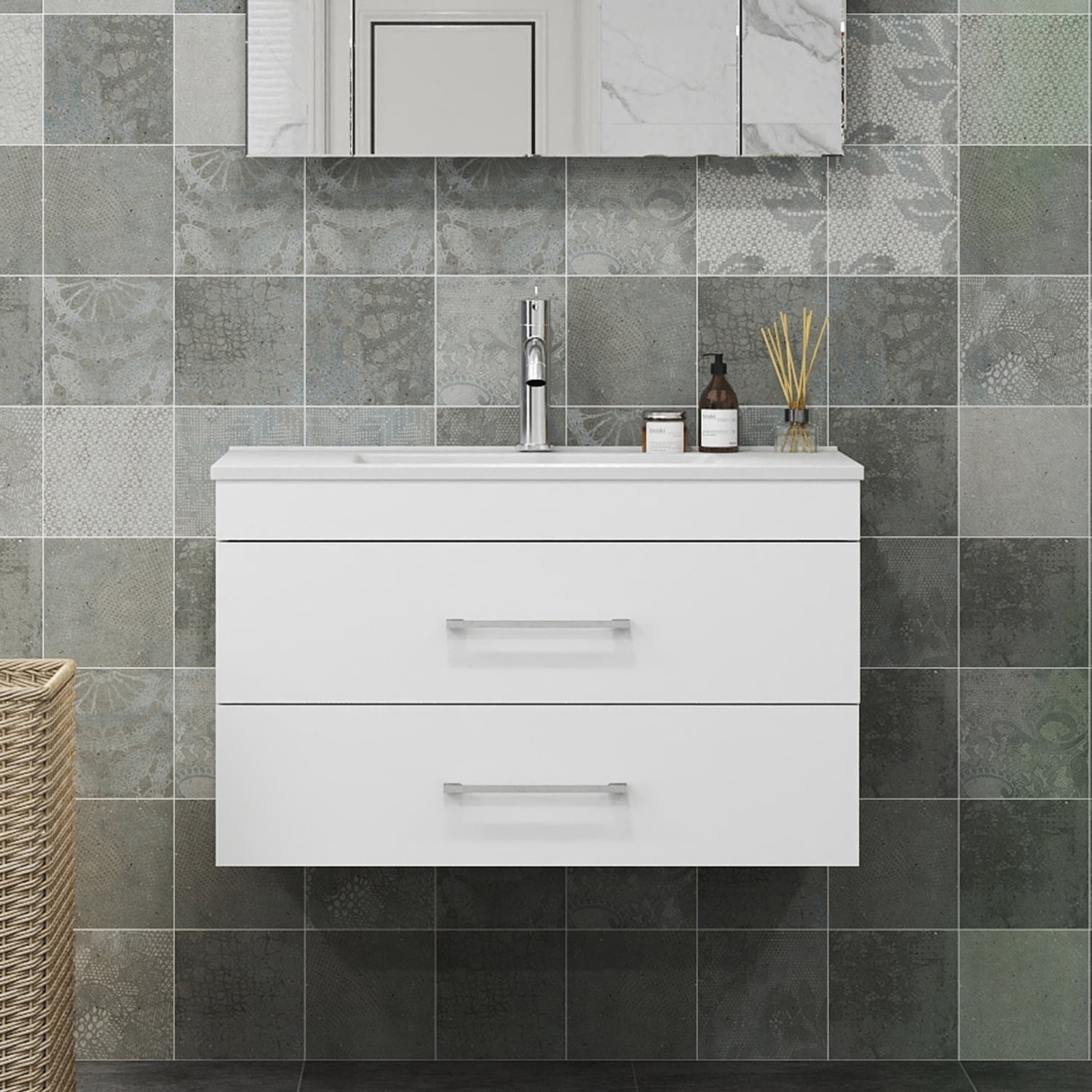 Demi Bonn 32" Wall-Mounted Bathroom Vanity with Ceramic Sink and 2 Soft-Close Drawers, Faucets and Drains Not Included, White