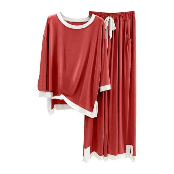 Diufon 2 Piece Sets for Women Crew Neck Long Sleeve Tops Elastic Waist Wide Leg Pants with Pockets