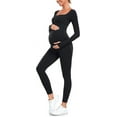 thumbnail image 2 of EastElegant Maternity Seamless Yoga Jumpsuits Women's One Piece Workout Bodysuits Ribbed Square Neck Long Sleeved Romper, Black, M, 2 of 6