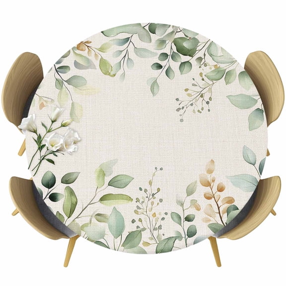Retro Eucalyptus Leaves Round Fitted Table Cover Sage Green Leaf Summer Plants Linen Waterproof Table Cloth with Elastic Edge Wipeable Tablecloth for Picnic Camping Party Fits 45"-54" Diameter
